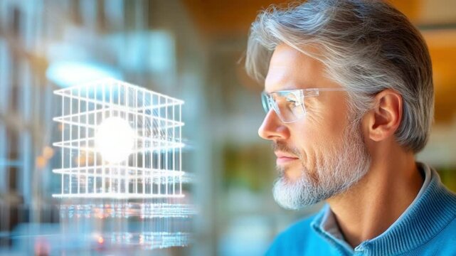 Vision of Construction: An architect contemplates a futuristic architectural blueprint, envisioning the realization of his vision. The image captures his focus and ambition.
