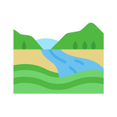 Scenic Landscape Illustration with River, Hills and Sky