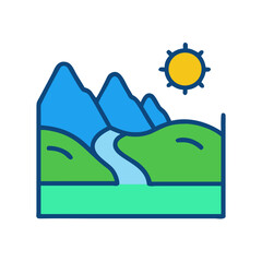 Cartoon Mountain Landscape with River and Sun Icon