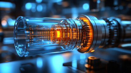 Obraz premium A pneumatic hydraulic piston designed for industrial machinery, showcasing modern, shiny technology. The clean, bright image highlights the simplicity and efficiency of the piston, emphasizing its rol