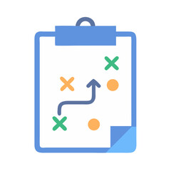 Blue clipboard with game strategy icons and arrow