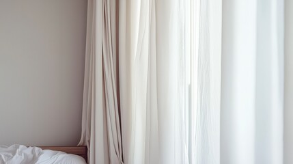 Warm Minimalist Bedroom with Soft Curtains and Low Wooden Bed Frame
