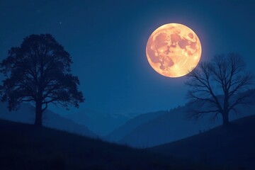 Full moon rising over dark landscape, silhouetted trees Mystical night scene , stars, bright, landscape