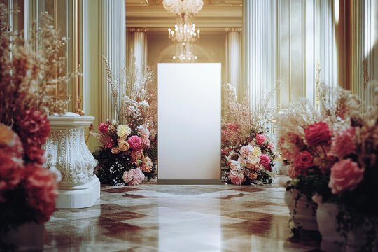Elegant wedding venue with floral decorations and blank pull-up banner mockup for branding or announcements