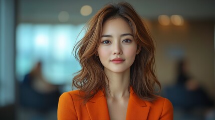 Confident Young Woman with Wavy Hair in Orange Blazer Posing Elegantly in Modern Interior Space with Soft Lighting and Professional Ambiance
