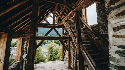 Obraz premium Wooden staircase in ancient castle tower overlooking village. Travel, history, architecture