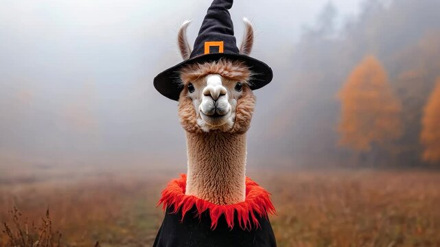 Llama wearing a witch hat in a misty autumn landscape.