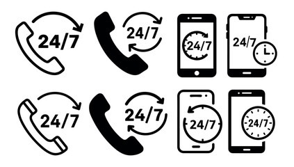 24/7 Customer Support Icon Set – Phone and Mobile Service Symbols , Twenty four seven call center support vector icons set