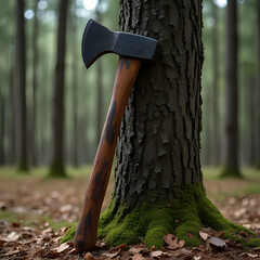 Sharp Axe Embedded in Tree with Forest Blur Behind


