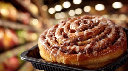Deliciously Fresh Cinnamon Roll with Creamy Icing on Display in a Bakery Shop, Surrounded by Soft Focused Shelves of Pastries and Treats