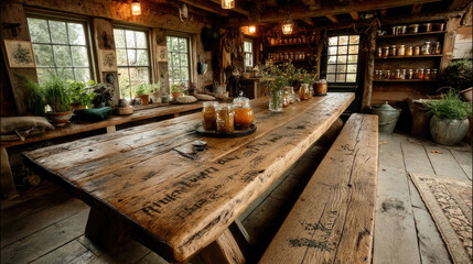 Obraz premium Rustic reclaimed wood dining table interior