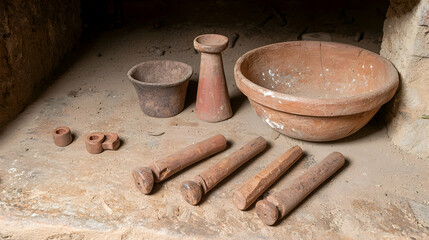 Ancient pottery and tools in earthen oven; archaeological discovery; historical artifacts
