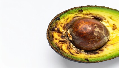Close-up of overripe avocado with brown flesh and large seed on white background