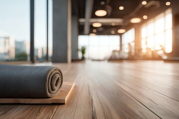 Calm Yoga Studio with Rolled Mat and Natural Light at Sunset