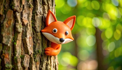 Fototapeta premium Cute clay fox peeking from tree in lush green forest setting