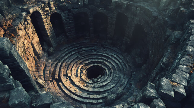 Ancient stone spiral maze in dark chamber. ancient forgotten labyrinth. illustration. [Gravity Shrines] | Helix Chamber | spiral vault. Illustration