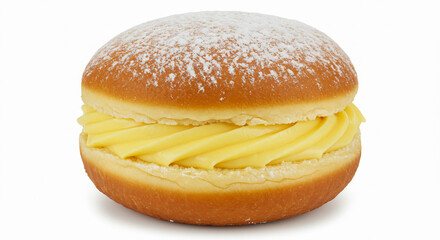 Cream-filled Berliner doughnut dusted with powdered sugar on a white background.