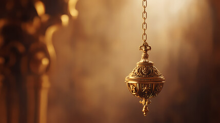 Angelic thurible swinging from gold chain with corinthian design. religious symbol. [Gravity Shrines] | Pendulum Hall | swinging sanctum. Illustration