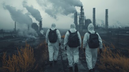 Workers in hazmat suits walk towards a polluting factory landscape under a smoky sky