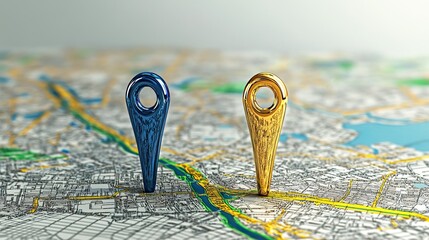 Blue and gold location pin markers standing on a detailed map with roads and city grid pattern visible