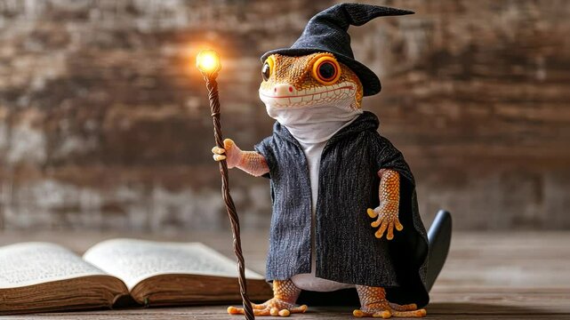 Wizard lizard holding a glowing staff beside an open book.