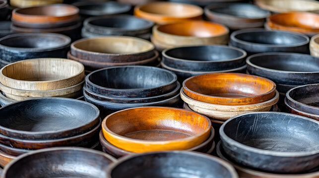 Handcrafted wooden bowls displayed at a market; various shades and sizes. Ideal for crafts, home decor, or food blogs