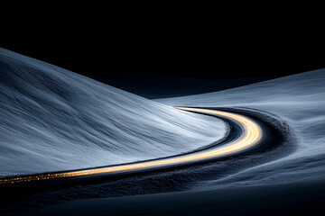 Night road curves through snowy hills.