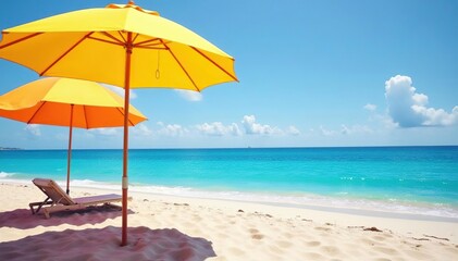 Colorful beach umbrellas shading sandy shore on sunny day , blue, sandy beach