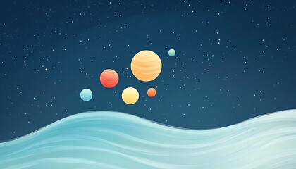 Naklejka premium Planets over Wavy Landscape.