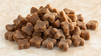 A Pile of Brown Treats in the Shape of Stars on a Light Background for Pet Snacks and Animal Training Programs
