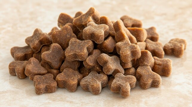 A Pile of Brown Treats in the Shape of Stars on a Light Background for Pet Snacks and Animal Training Programs