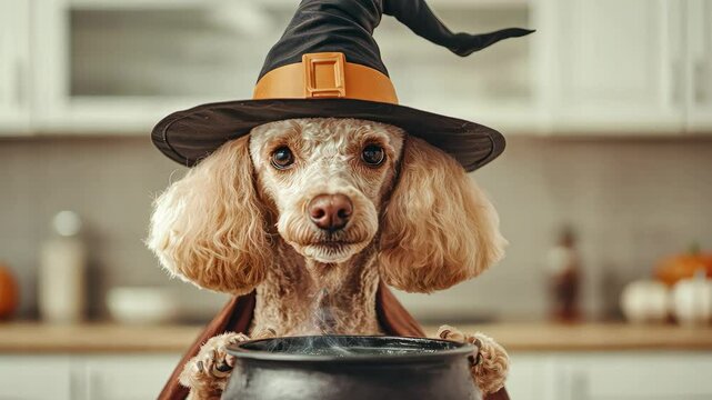 Dog in a witch hat with a cauldron in a cozy kitchen setting