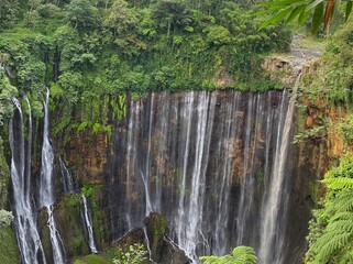 a very beautiful waterfall in the middle of a green forest