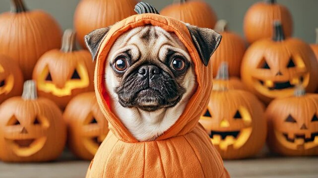 Adorable pug in a pumpkin costume with Halloween pumpkins.