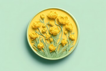 Circular decorative design featuring yellow flowers and foliage.