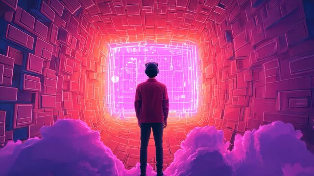 Surreal figure exploring a vibrant digital space.