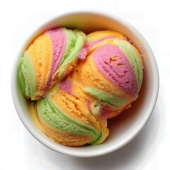 Colorful rainbow sherbet ice cream scoops in bowl top view white background