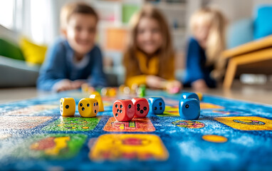 Colorful Dice Game: Children's Playful Board Game Scene