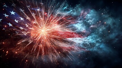 Fototapeta premium Patriotic Fireworks Burst in the Night Sky. Flag USA.