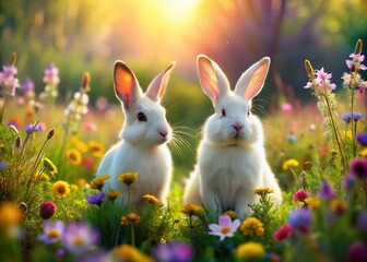 Fototapeta premium Adorable White Rabbits in Vibrant Flower Meadow - High-Resolution Stock Photo