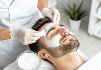Relaxing facial treatment for a young man with a calming white cream mask applied by a beautician in a modern spa setting with soothing atmosphere
