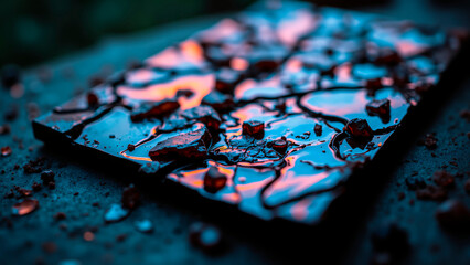 Naklejka premium Dark Chocolate Cascade: Iridescent Fragments on Polished Surface, Soft Light