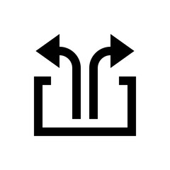 Abstract representation of a container with two arrows pointing outwards and upwards in black and white