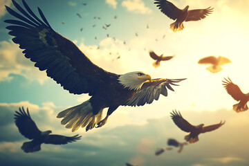 Majestic eagles soaring through a vibrant sky at sunset, capturing the essence of freedom