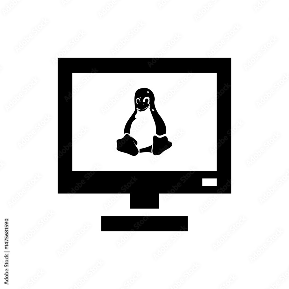 Fototapete black and white image of a desktop computer screen displaying the linux penguin logo in the center