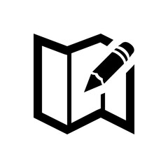 Black and white illustration of a map with folded edges and a pencil on top, indicating editing or planning