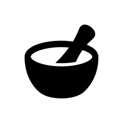A simple black and white illustration of a mortar filled with a white substance and a pestle inside it