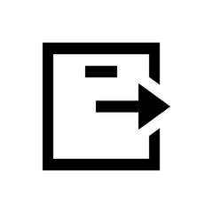 Black and white graphic of an exit icon with an arrow pointing right inside a square outline box shape