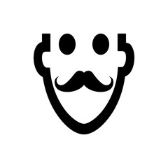 Illustration of a cartoon face with a mustache and two circular eyes in a simple black and white style