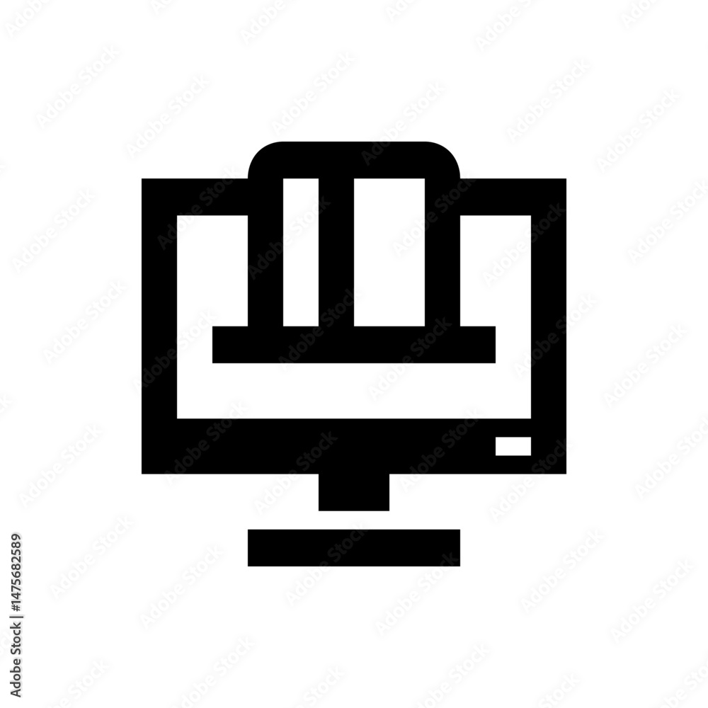 Poster simple black and white icon of a computer monitor with a paper document being ejected from the scree